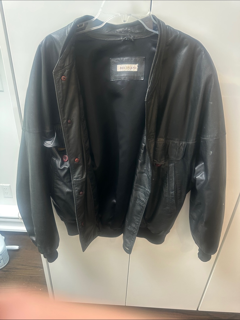 Belstaff Black Leather Bomber Jacket with Snap Placket